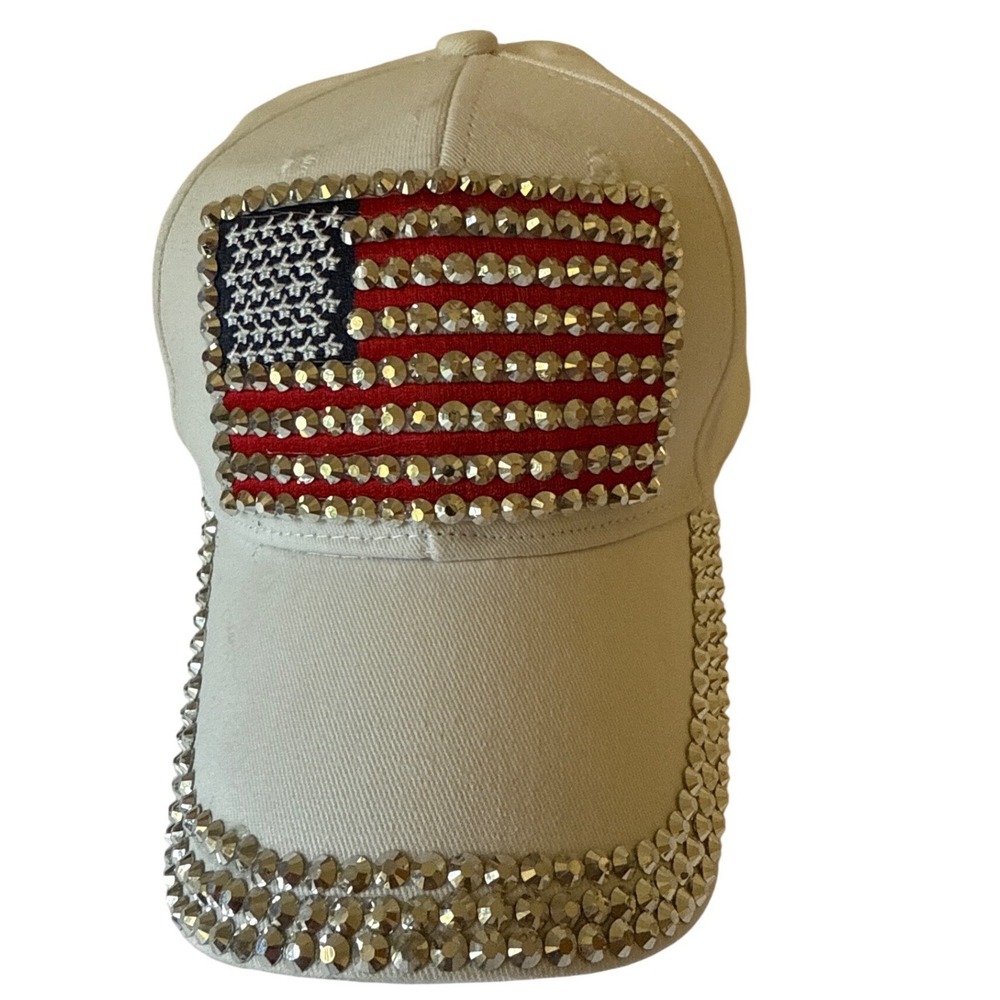 USA Flag Rhinestone Baseball Cap White Cotton Patriotic Bling Hat Adjustable